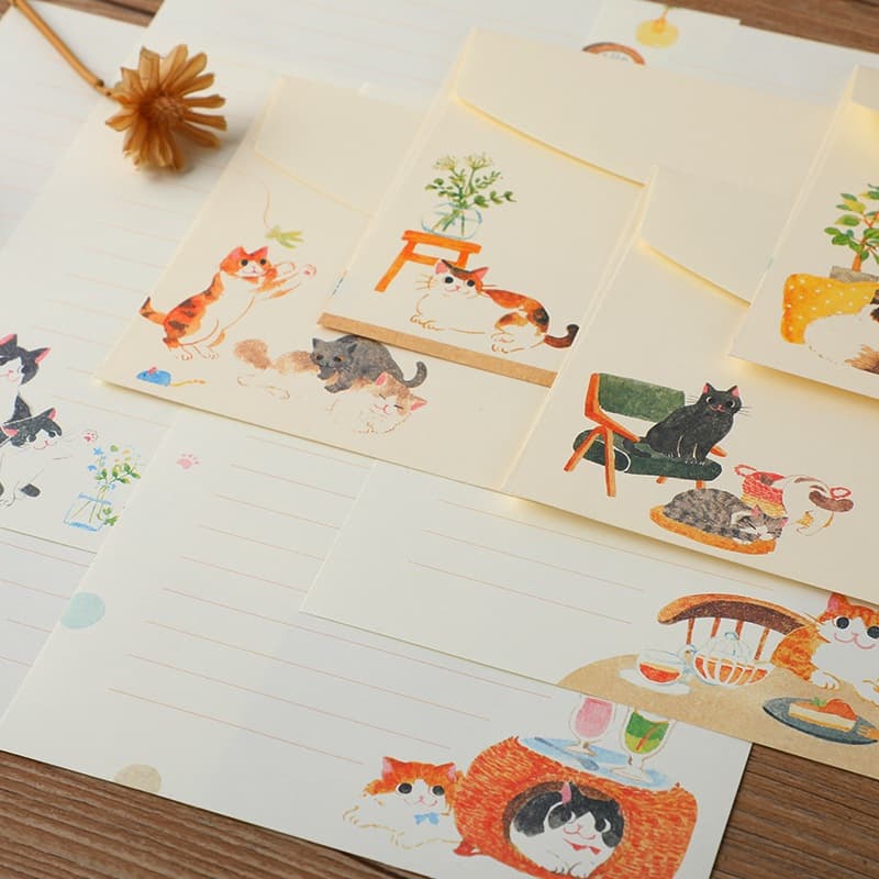 9ชิ้น/เซ็ต น่ารัก แมวซองจดหมายที่มีแผ่นจดหมายน่ารักการ์ตูนจดหมายเขียนกระดาษคริสต์มาสของขวัญปีใหม่ห่องานแต่งงานบัตรเชิญโปสการ์ดปกเครื่ รูปที่ 7