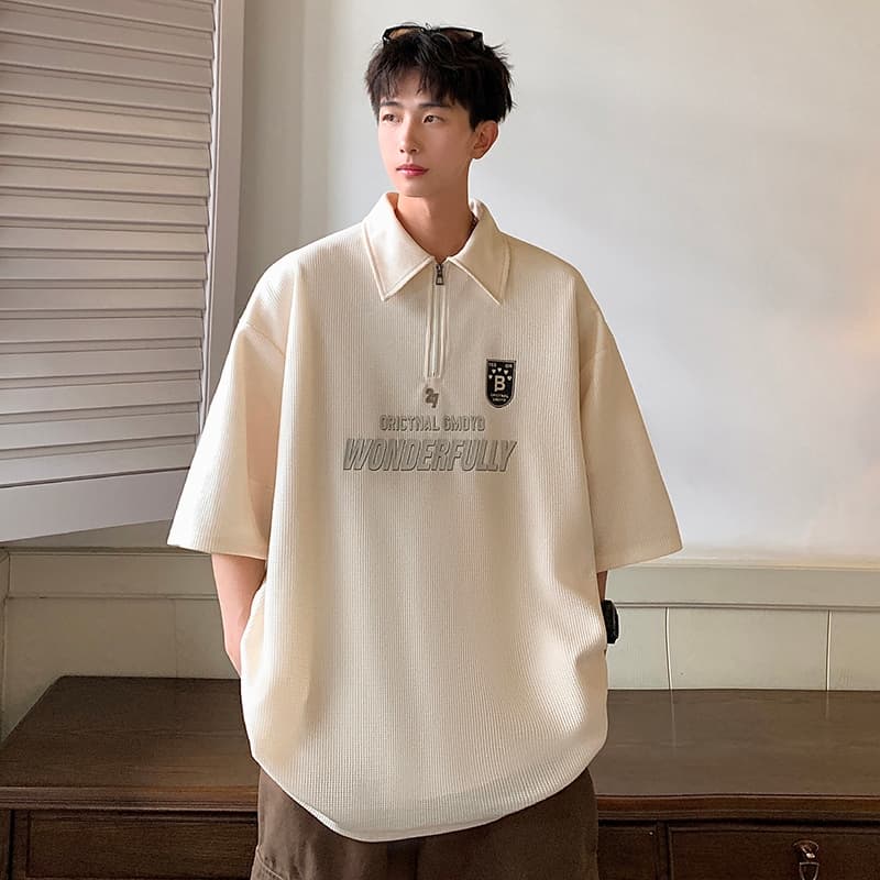 PROMAN-สไตล์อเมริกัน แนววินเทจ ยอดนิยม ซิปครึ่ง แขนสั้น ฤดูร้อน ชาย แบบหลวม พิมพ์ลาย polo เสื้อ รูปที่ 2