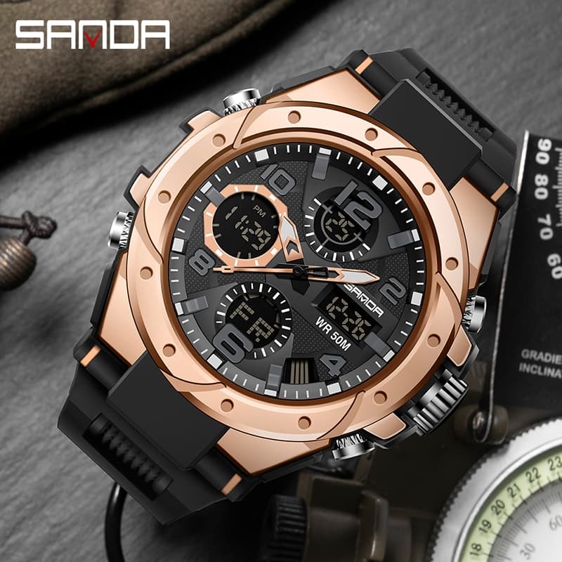 SANDA 6008/in stock นาฬิกาข้อมือควอตซ์ มีไฟ LED กันน้ำ หรูหรา สไตล์ทหาร สำหรับผู้ชาย รูปที่ 3