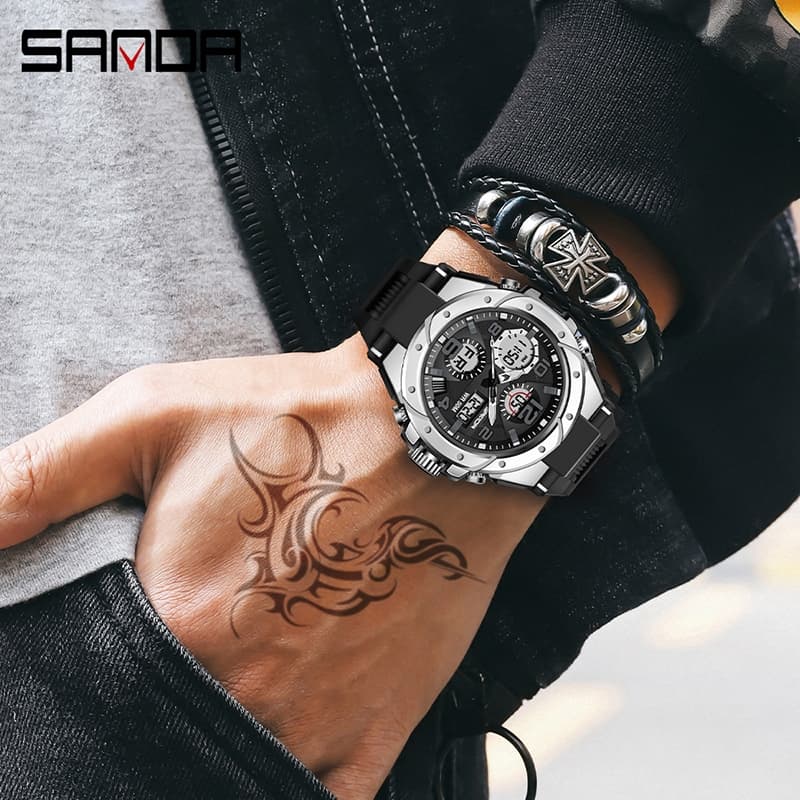 SANDA 6008/in stock นาฬิกาข้อมือควอตซ์ มีไฟ LED กันน้ำ หรูหรา สไตล์ทหาร สำหรับผู้ชาย รูปที่ 6