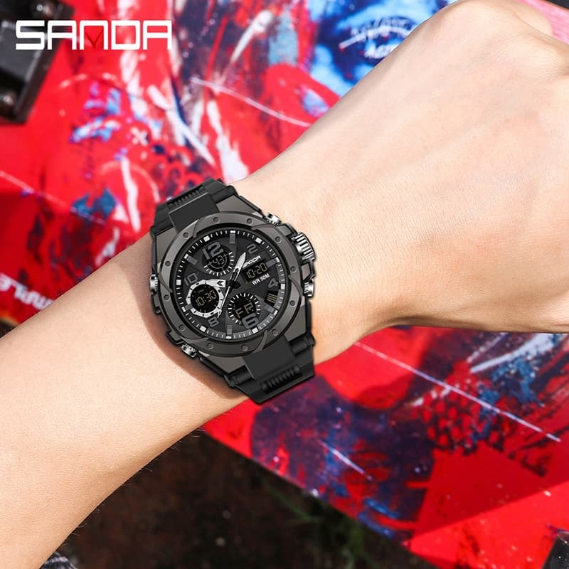 SANDA 6008/in stock นาฬิกาข้อมือควอตซ์ มีไฟ LED กันน้ำ หรูหรา สไตล์ทหาร สำหรับผู้ชาย รูปที่ 9