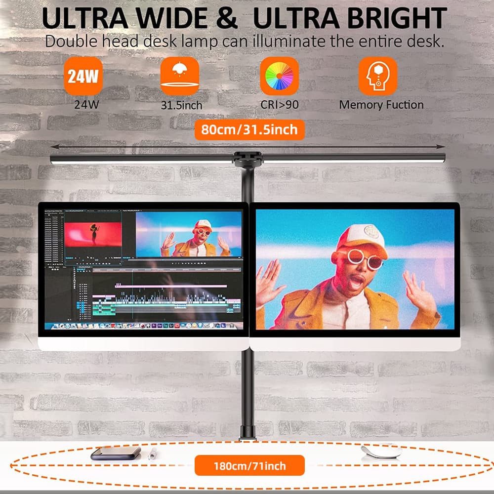 Powdeom โคมไฟตั้งโต๊ะ LED สองหัว 24W พร้อมโคมไฟตั้งโต๊ะหรี่แสงได้แบบคลิปสําหรับศึกษาในสํานักงาน 80CM รูปที่ 8