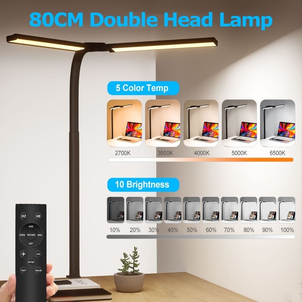 Powdeom โคมไฟตั้งโต๊ะ LED สองหัว 24W พร้อมโคมไฟตั้งโต๊ะหรี่แสงได้แบบคลิปสําหรับศึกษาในสํานักงาน 80CM รูปที่ 6