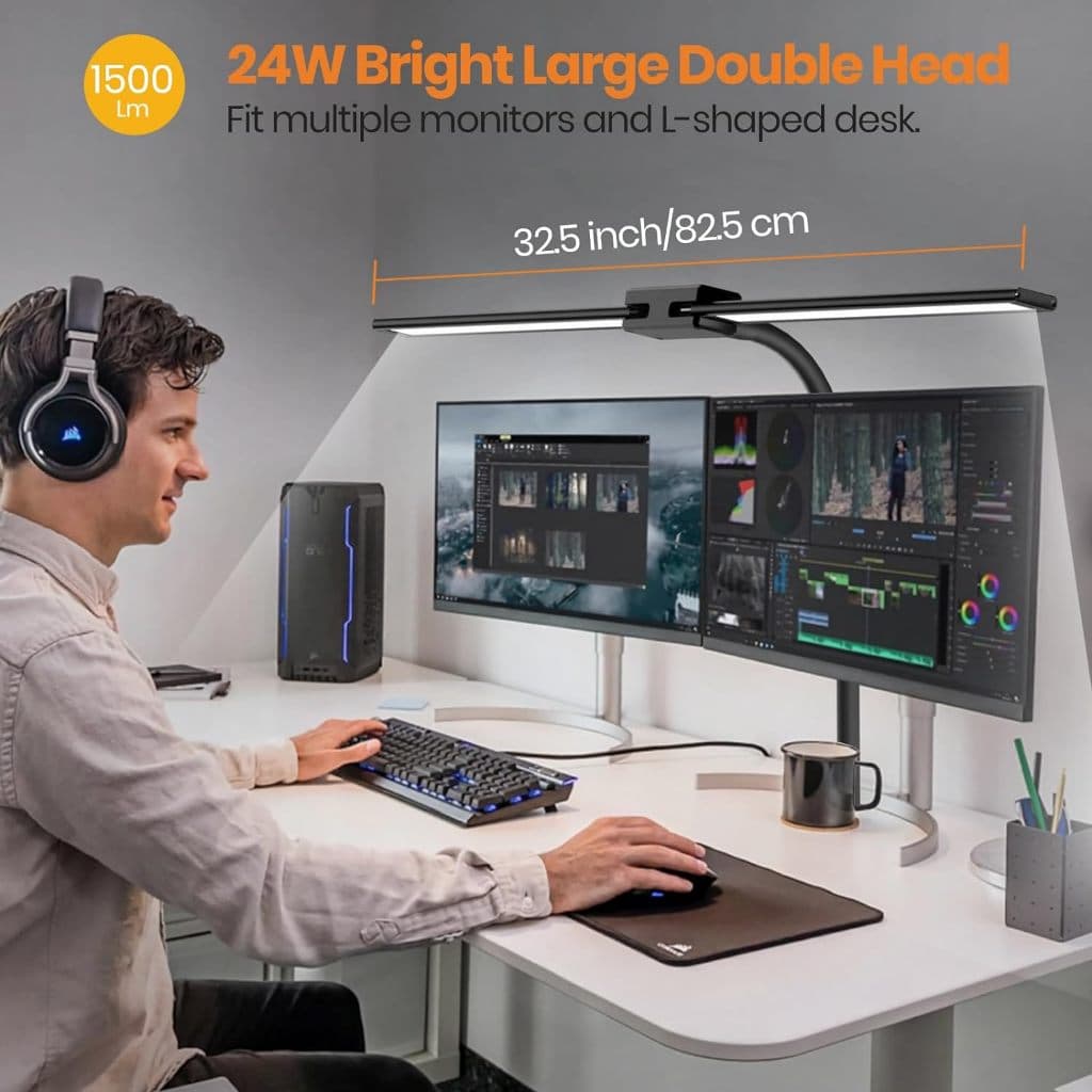 Powdeom โคมไฟตั้งโต๊ะ LED สองหัว 24W พร้อมโคมไฟตั้งโต๊ะหรี่แสงได้แบบคลิปสําหรับศึกษาในสํานักงาน 80CM รูปที่ 3