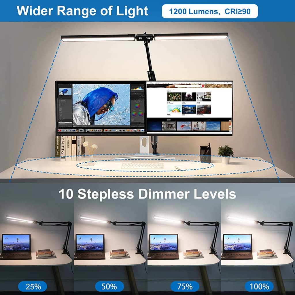 Powdeom โคมไฟตั้งโต๊ะ LED สองหัว 24W พร้อมโคมไฟตั้งโต๊ะหรี่แสงได้แบบคลิปสําหรับศึกษาในสํานักงาน 80CM รูปที่ 7