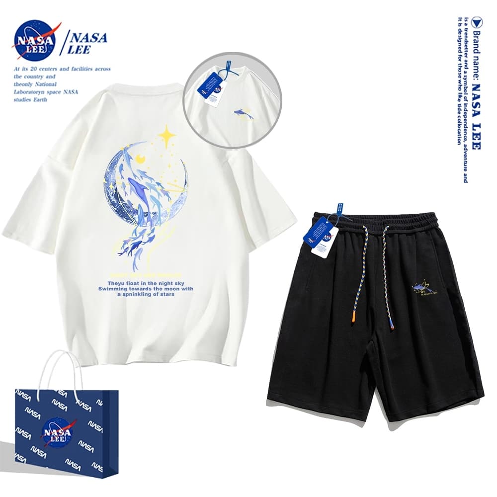 สินค้า นาซ่า เสื้อยืดแขนสั้นฤดูร้อนผู้ชายกางเกงขาสั้นผ้าฝ้ายหลวมชุดสูทอินเทรนด์, ผู้ชายผู้หญิงกีฬาลําลองสไตล์เรียบง่าย 2024 สไตล์ใหม่ รูปที่ 2