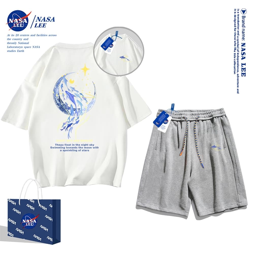 สินค้า นาซ่า เสื้อยืดแขนสั้นฤดูร้อนผู้ชายกางเกงขาสั้นผ้าฝ้ายหลวมชุดสูทอินเทรนด์, ผู้ชายผู้หญิงกีฬาลําลองสไตล์เรียบง่าย 2024 สไตล์ใหม่ รูปที่ 3