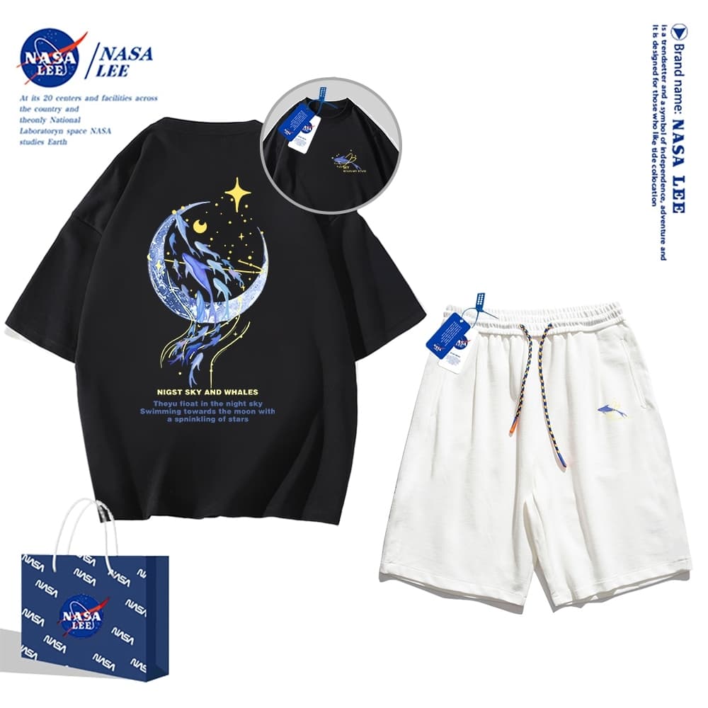 สินค้า นาซ่า เสื้อยืดแขนสั้นฤดูร้อนผู้ชายกางเกงขาสั้นผ้าฝ้ายหลวมชุดสูทอินเทรนด์, ผู้ชายผู้หญิงกีฬาลําลองสไตล์เรียบง่าย 2024 สไตล์ใหม่ รูปที่ 4
