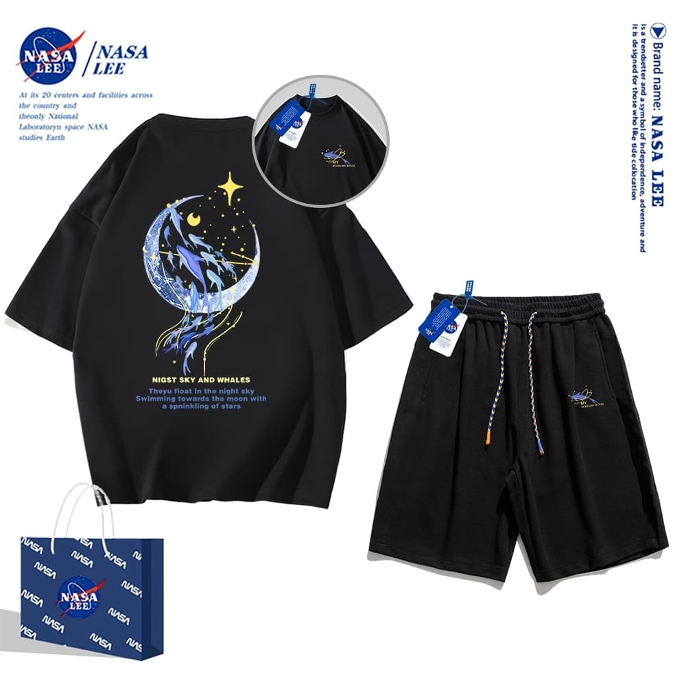 สินค้า นาซ่า เสื้อยืดแขนสั้นฤดูร้อนผู้ชายกางเกงขาสั้นผ้าฝ้ายหลวมชุดสูทอินเทรนด์, ผู้ชายผู้หญิงกีฬาลําลองสไตล์เรียบง่าย 2024 สไตล์ใหม่ รูปที่ 5