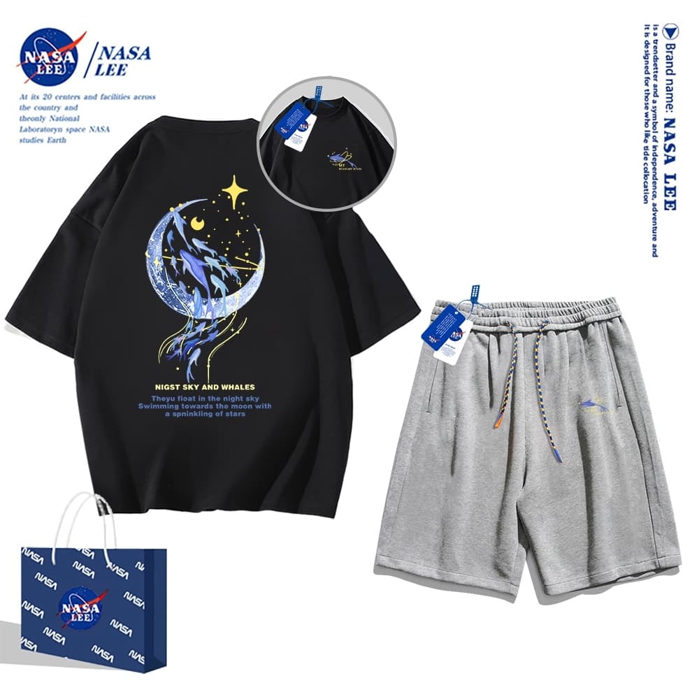 สินค้า นาซ่า เสื้อยืดแขนสั้นฤดูร้อนผู้ชายกางเกงขาสั้นผ้าฝ้ายหลวมชุดสูทอินเทรนด์, ผู้ชายผู้หญิงกีฬาลําลองสไตล์เรียบง่าย 2024 สไตล์ใหม่ รูปที่ 6