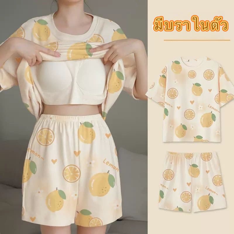 จากไทย ชุดนอนผู้หญิง ผ้านิ่มเด้ง แขนสั้น ขาสั้น คอกลม มีบราในตัว ใส่สบาย แฟชั่นน่ารัก รูปที่ 7