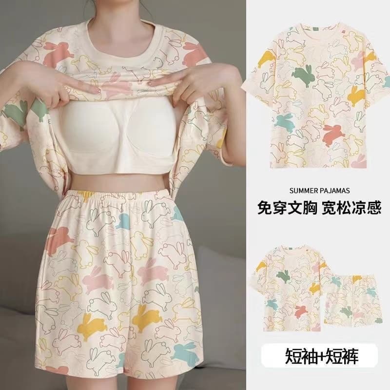 จากไทย ชุดนอนผู้หญิง ผ้านิ่มเด้ง แขนสั้น ขาสั้น คอกลม มีบราในตัว ใส่สบาย แฟชั่นน่ารัก รูปที่ 9