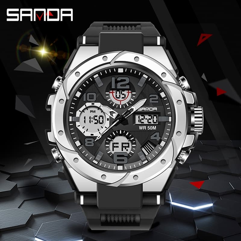 SANDA 6008/in stock นาฬิกาข้อมือควอตซ์ มีไฟ LED กันน้ำ หรูหรา สไตล์ทหาร สำหรับผู้ชาย รูปที่ 1