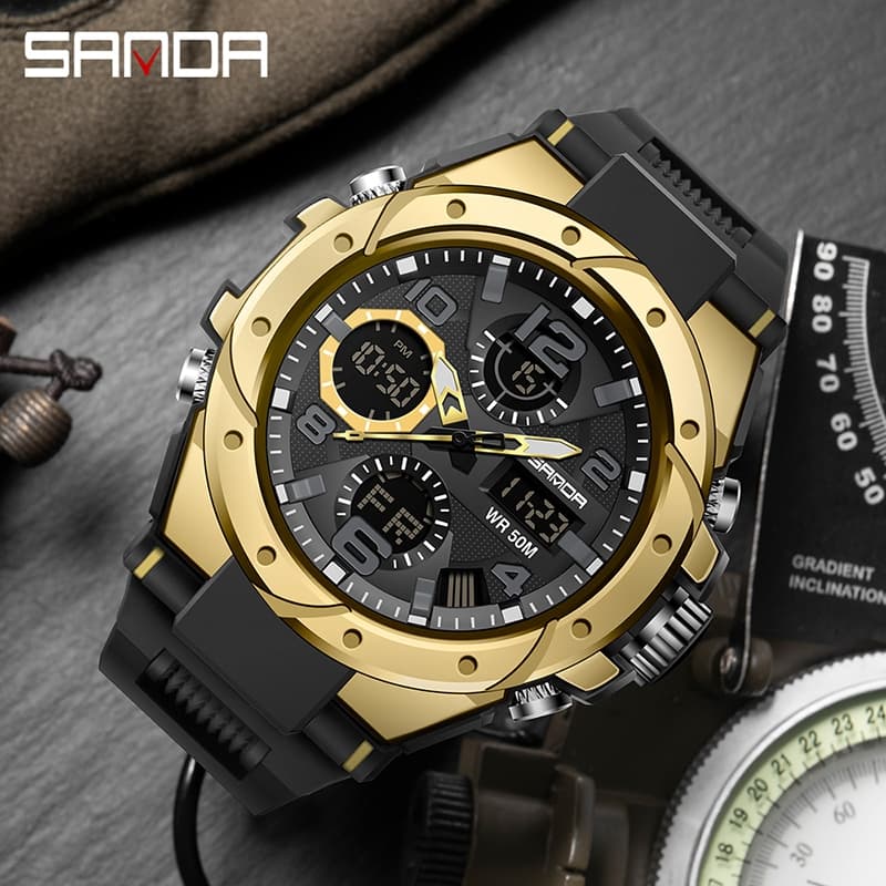 SANDA 6008/in stock นาฬิกาข้อมือควอตซ์ มีไฟ LED กันน้ำ หรูหรา สไตล์ทหาร สำหรับผู้ชาย รูปที่ 2