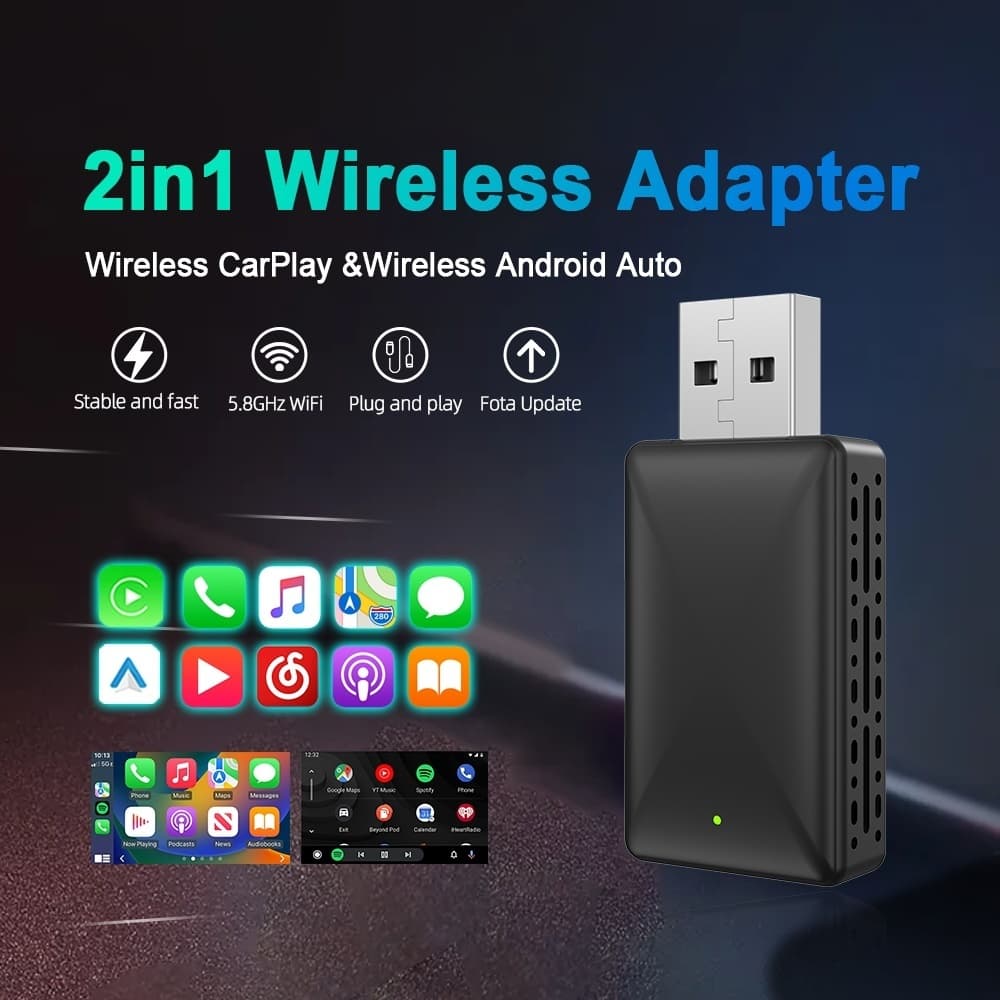 ใหม่Wireless CarPlay Android Autoอะแดปเตอร์สมาร์ทมินิกล่องPlug and Play WiFiเชื่อมต่อแบบมีสายไร้สายUSB Dongle 2 in 1 ใหม่Wireless CarPlay Android Autoอะแดปเตอร์ไร้สายสมาร์ทมินิกล่องPlug And Play WiFi 5G Bluetooth 5.0 Fast Connect