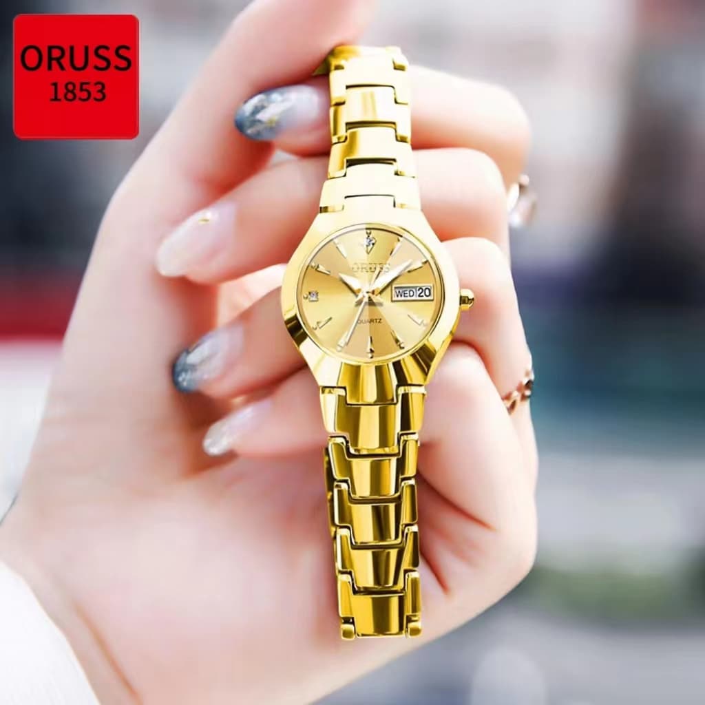 ORUSS รัส ต้นฉบับหญิง/ชายสแตนเลสหรูหราปฏิทินคู่กันน้ําทองนาฬิกาขนาดเล็กแฟชั่นธุรกิจเกาหลีรุ่นนาฬิกาควอตซ์ รูปที่ 5