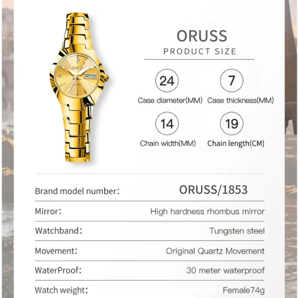 ORUSS รัส ต้นฉบับหญิง/ชายสแตนเลสหรูหราปฏิทินคู่กันน้ําทองนาฬิกาขนาดเล็กแฟชั่นธุรกิจเกาหลีรุ่นนาฬิกาควอตซ์ รูปที่ 3