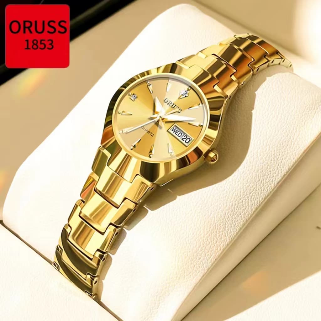 ORUSS รัส ต้นฉบับหญิง/ชายสแตนเลสหรูหราปฏิทินคู่กันน้ําทองนาฬิกาขนาดเล็กแฟชั่นธุรกิจเกาหลีรุ่นนาฬิกาควอตซ์ รูปที่ 1