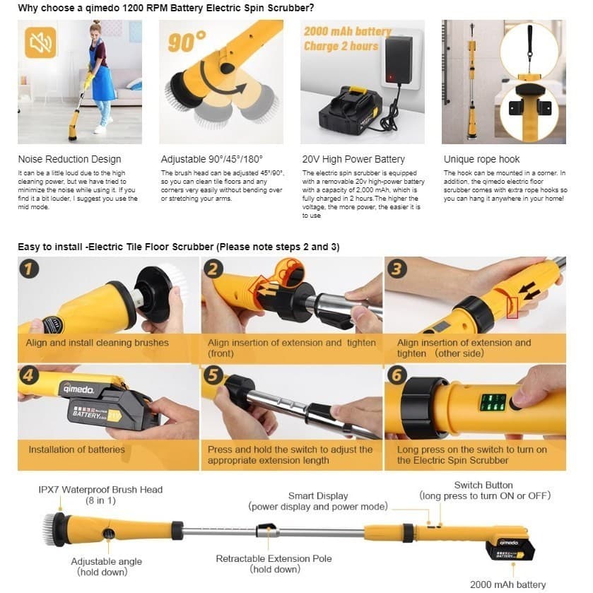 Qimedo แปรงทำความสะอาดไฟฟ้า 1200/1500 RPM ขัดห้องน้ำไฟฟ้า แถมหัวเปลี่ยน 8 แบบ Electric Spin Scrubber รูปที่ 8