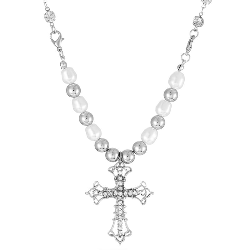 Benge Hip Hop Gothic คริสตัลสร้อยคอไข่มุก Cross จี้เครื่องประดับของขวัญสําหรับผู้ชายผู้หญิงอุปกรณ์เสริม รูปที่ 6