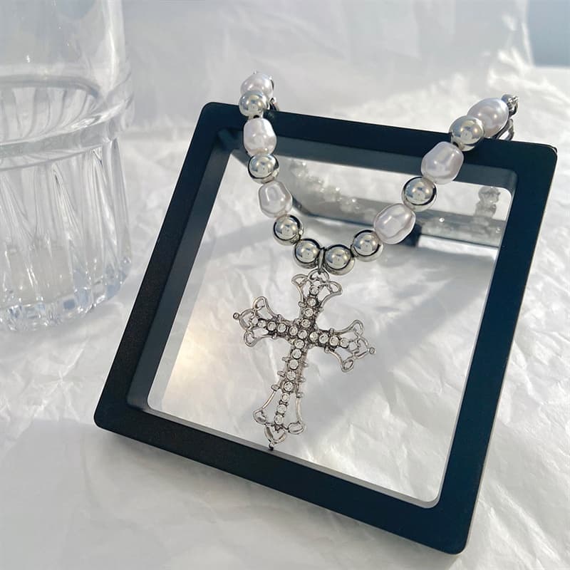 Benge Hip Hop Gothic คริสตัลสร้อยคอไข่มุก Cross จี้เครื่องประดับของขวัญสําหรับผู้ชายผู้หญิงอุปกรณ์เสริม รูปที่ 2