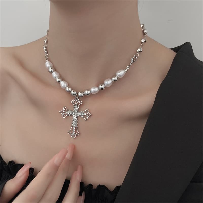 Benge Hip Hop Gothic คริสตัลสร้อยคอไข่มุก Cross จี้เครื่องประดับของขวัญสําหรับผู้ชายผู้หญิงอุปกรณ์เสริม รูปที่ 3
