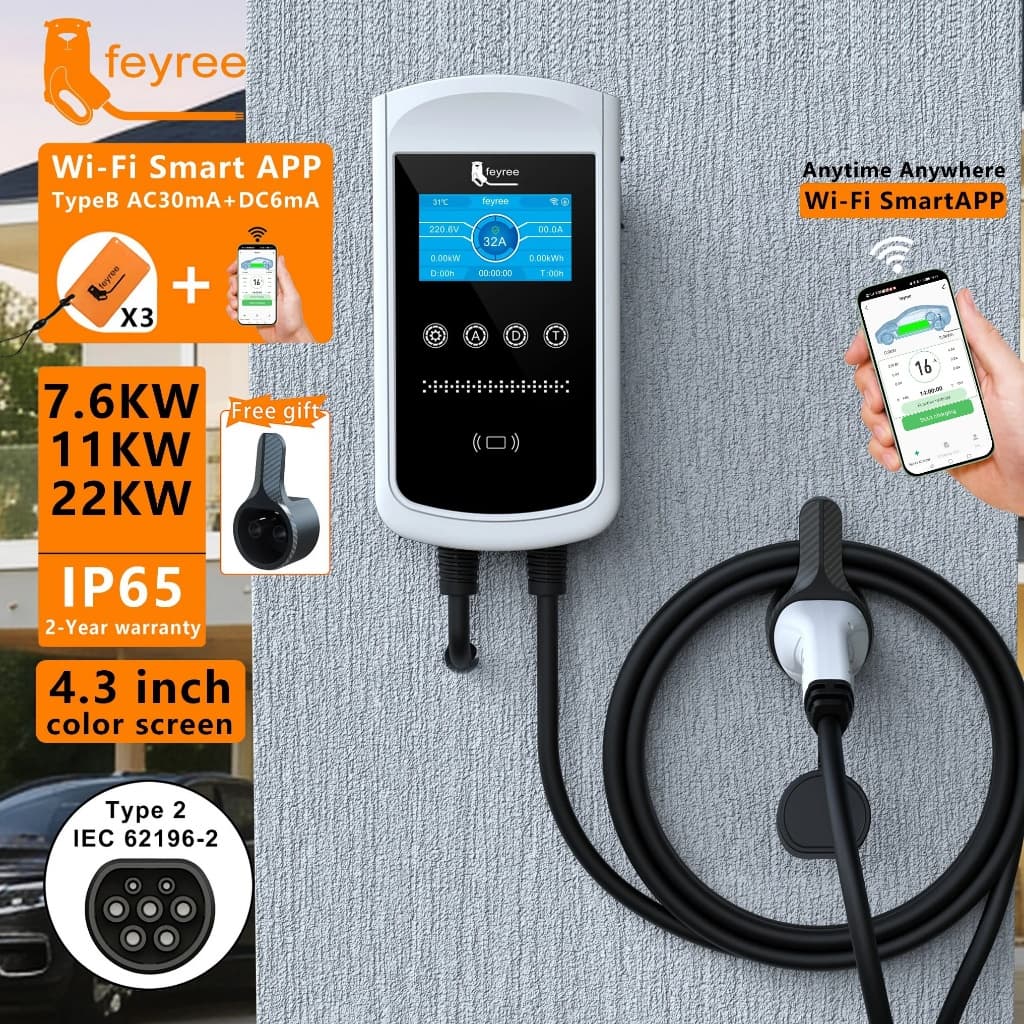 Feyree 4.3 นิ้วหน้าจอขนาดใหญ่ EV Charger ประเภท 2 7.6kw Wallbox พร้อม APP ชาร์จประวัติศาสตร์บันทึก 11kw 22kw 3 เฟสสําหรับรถยนต์ไฟฟ้า รูปที่ 1