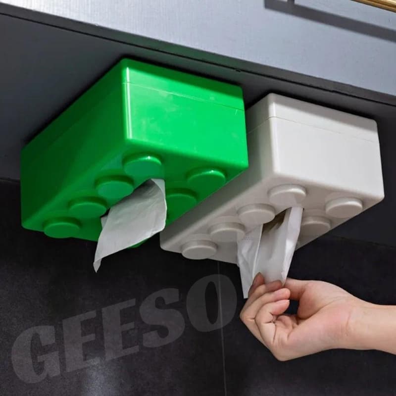 GEESO กล่องกระดาษทิชชู่รูปทรงบล็อคตัวต่อ ที่ใส่กระดาษแบบถอดได้สร้างสรรค์ ABS Creative Tissue Holder Building Blocks Built-in Spring Tissue Box Wall-Mounted Perforation-Free Paper Holder Paper Storage Box Paper Organizer รูปที่ 4