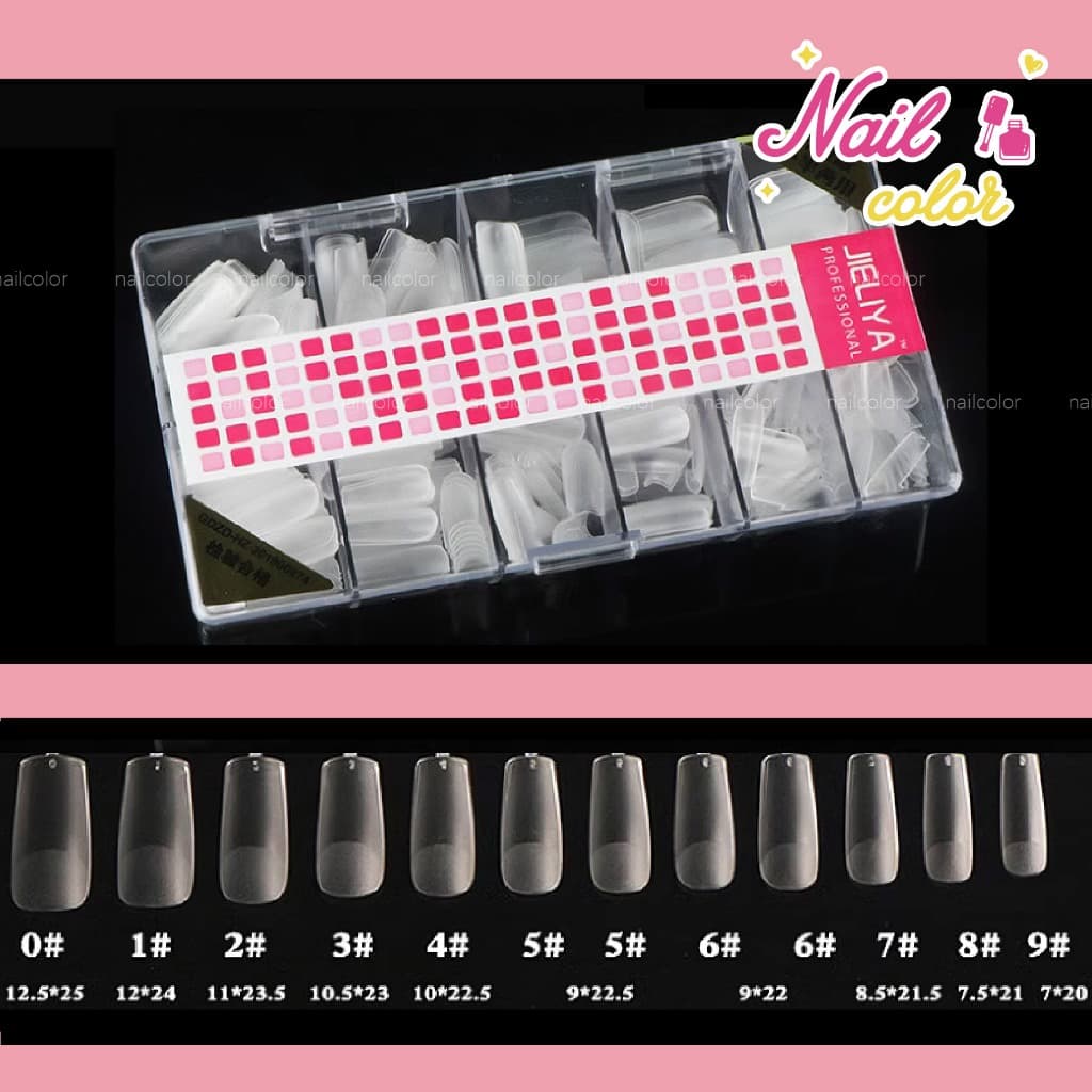 JIELIYA บางเฉียบไร้รอย เล็บปลอม pvc ขุ่นไม่ต้องขัด ไม่แตกหักง่าย บัลเล่ต์ เหลี่ยมยาว เหลี่ยม กล่องละ500ชิ้น 9ขนาด รูปที่ 9