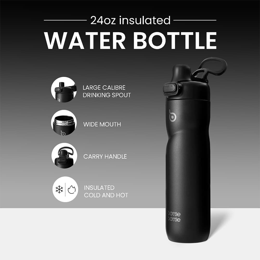 BOTTLE BOTTLE ขวด ขวดน้ําฉนวน 24 ออนซ์พร้อมที่จับและฝาปิดท็อปส์ซูพลิกขวดน้ําสแตนเลสฝาปุ่มกดป้องกันการรั่วแบบพกพาสําหรับขี่จักรยานวิ่งกีฬาเดินป รูปที่ 4