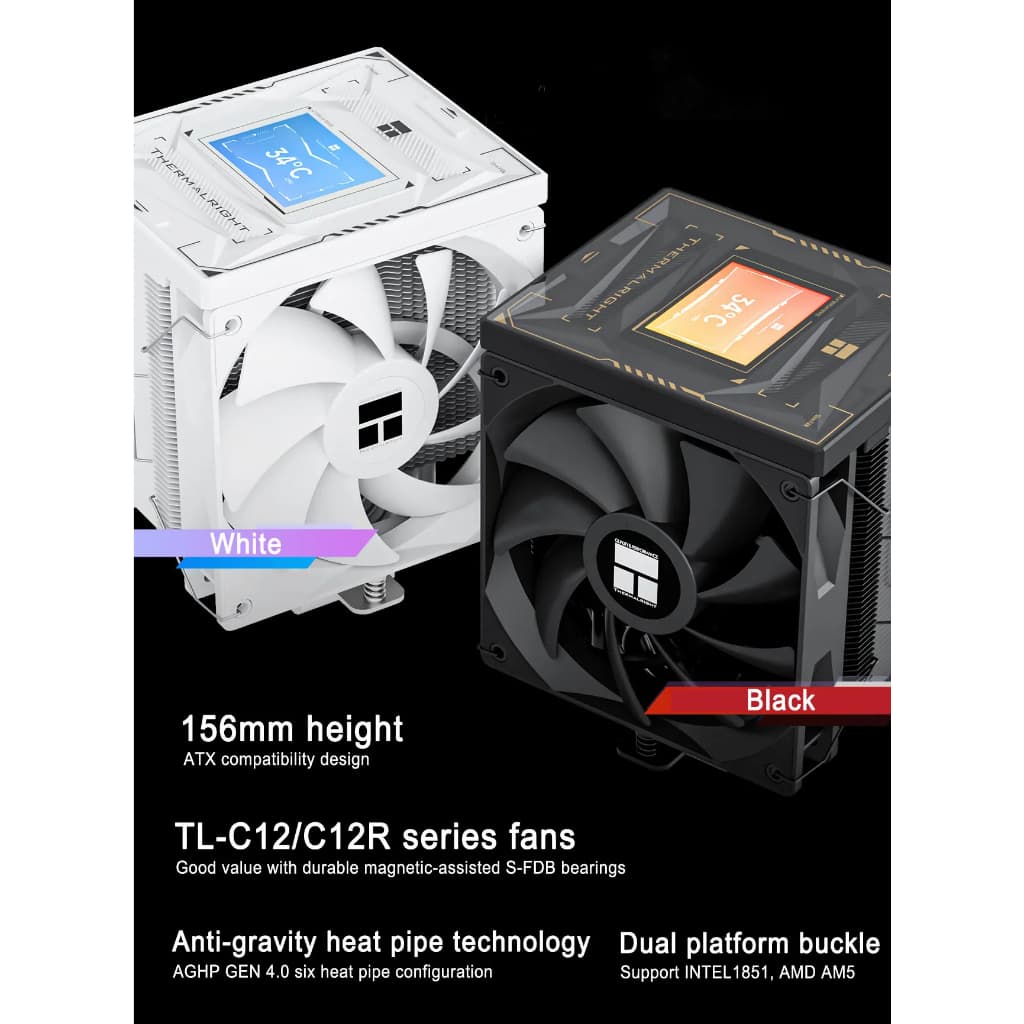 Thermalright Burst Assassin 120 VISION CPU Air Cooling หม้อน้ํา 2.4 นิ้วดิจิตอลจอแสดงผล LCD 6 ท่อความร้อน/รองรับ LGA1700/1150/1151/1200/1851, AMD AM4/AM5 รูปที่ 2