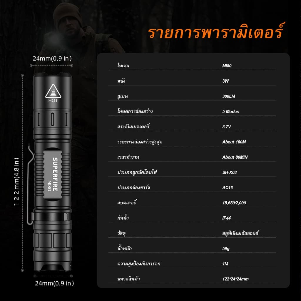SUPERFIRE MI80 3W EDC ไฟฉาย LED 18650 ไฟฉาย 5 โหมดอลูมิเนียมแบบพกพา แคมป์ปิ้ง กลางแจ้งโคมไฟกันน้ำโคมไฟ รูปที่ 9