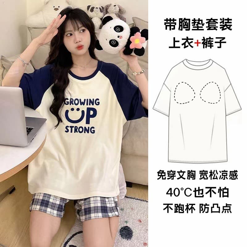 จากไทย ชุดนอนผู้หญิง ผ้านิ่มเด้ง แขนสั้น ขาสั้น คอกลม มีบราในตัว ใส่สบาย แฟชั่นน่ารัก รูปที่ 3