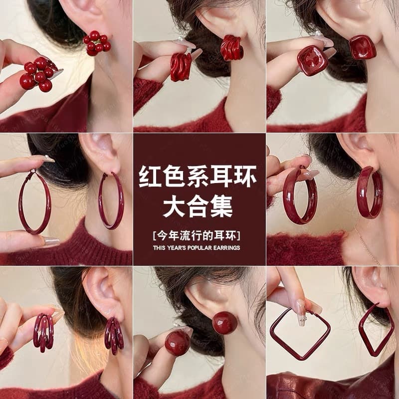 ปีใหม่เข็มเงินต่างหูสีแดงหญิงเกาหลี อิน แฟชั่นการออกแบบต่างหูที่มีความรู้สึกสูงของต่างหูประณีตขายส่ง รูปที่ 1