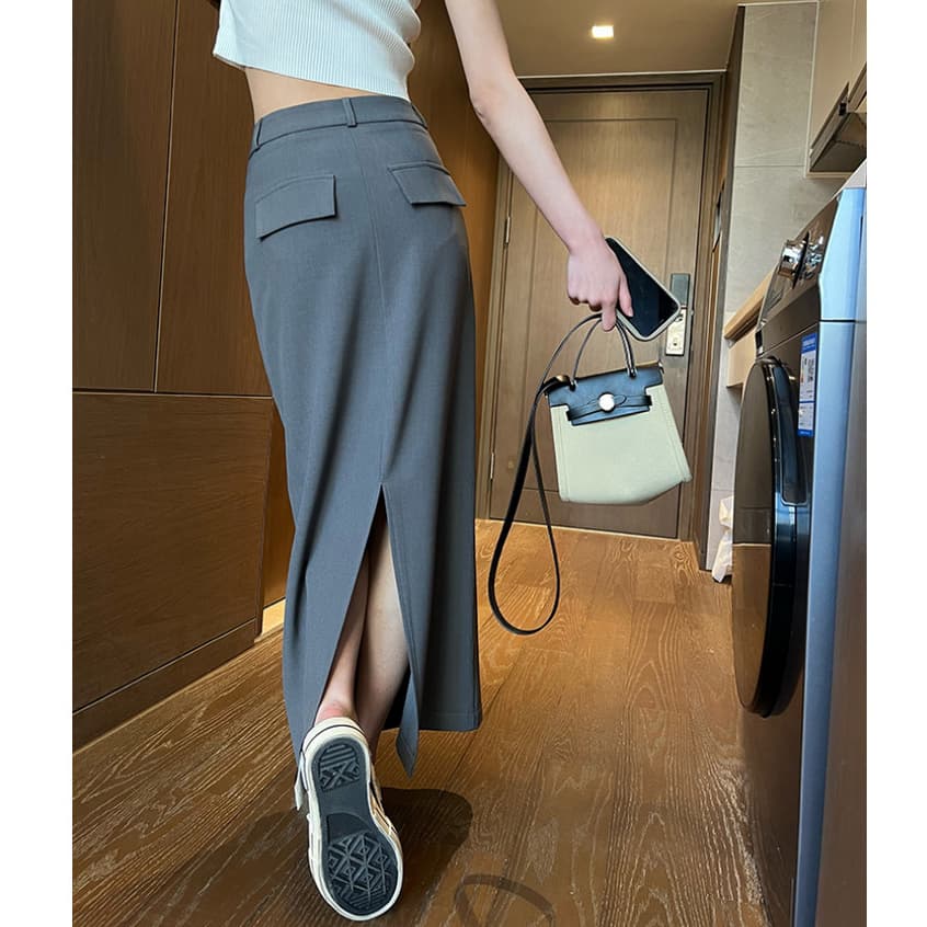 Floerns S-6XL กระโปรงยาว กระเป๋าหลังเป็นกระเป๋าปลอม ผ่าหลัง รูปที่ 2