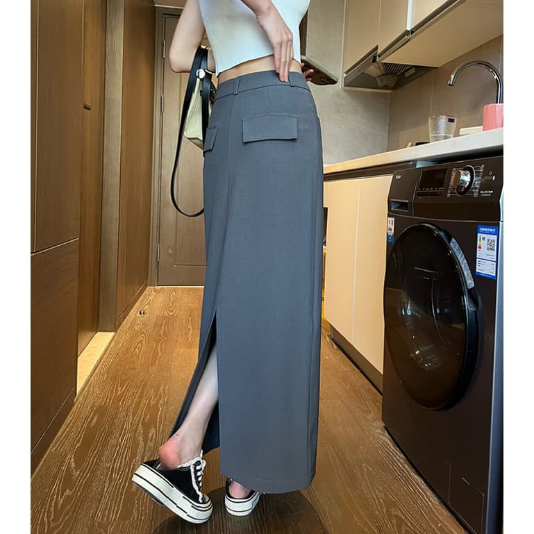 Floerns S-6XL กระโปรงยาว กระเป๋าหลังเป็นกระเป๋าปลอม ผ่าหลัง รูปที่ 3