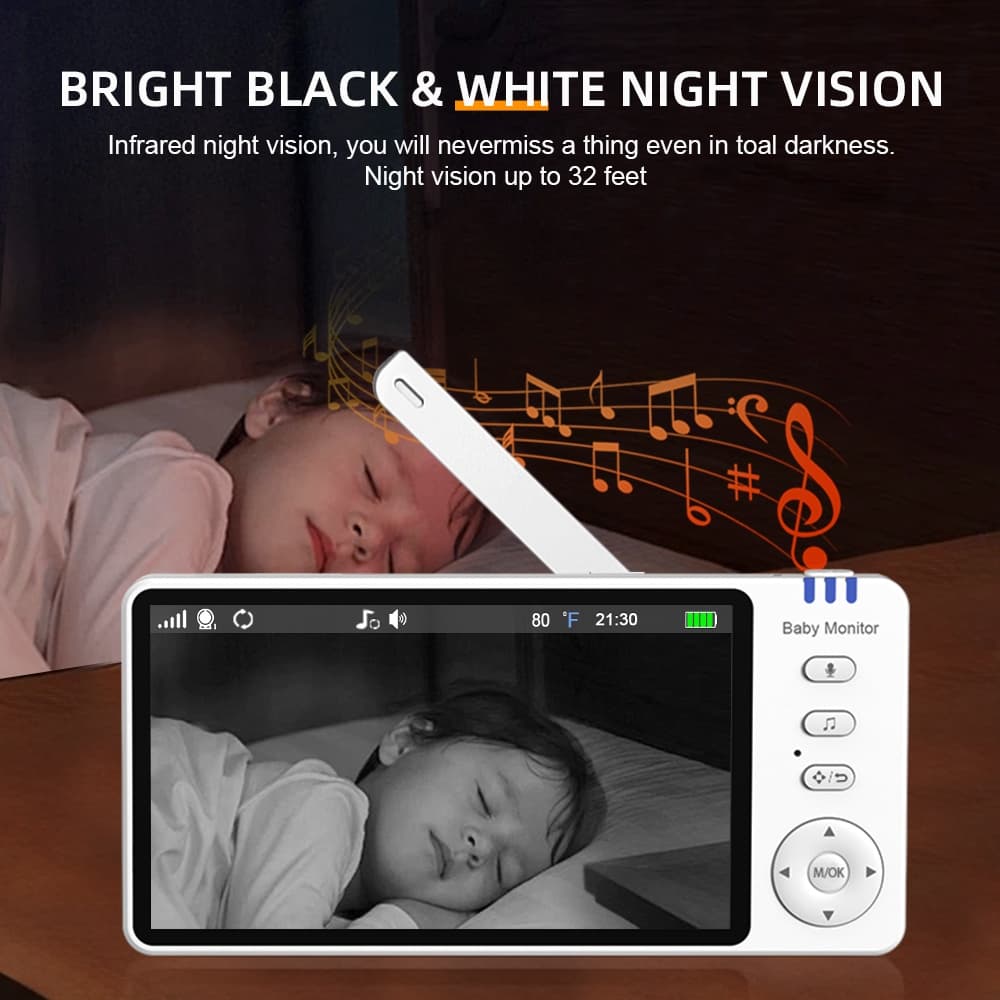 5.0 นิ้ว Baby Monitor ABM570 วิดีโอไร้สายหน้าจอ IPS พร้อม 4X ซูม Nanny PTZ กล้อง 2 ทิศทางเสียง Lullaby กล้อง Babysitter Night Vision Security รูปที่ 6