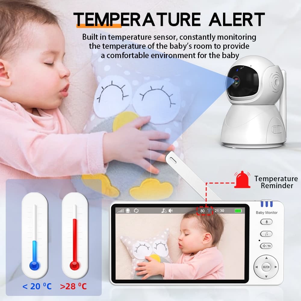 5.0 นิ้ว Baby Monitor ABM570 วิดีโอไร้สายหน้าจอ IPS พร้อม 4X ซูม Nanny PTZ กล้อง 2 ทิศทางเสียง Lullaby กล้อง Babysitter Night Vision Security รูปที่ 5