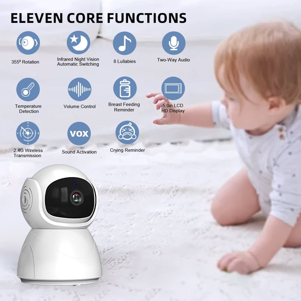 5.0 นิ้ว Baby Monitor ABM570 วิดีโอไร้สายหน้าจอ IPS พร้อม 4X ซูม Nanny PTZ กล้อง 2 ทิศทางเสียง Lullaby กล้อง Babysitter Night Vision Security รูปที่ 3