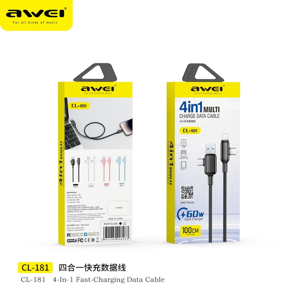 Awei สายชาร์จ 4-in-1 PD 60W Fast Charging Cable USB-A 2 Type-C สายถักไนลอน รูปที่ 9