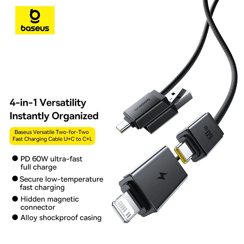 Baseus สายชาร์จเร็ว รุ่น Versatile Two-for-Two Fast Charging Cable U+C to C+L 60W 1m รูปที่ 2