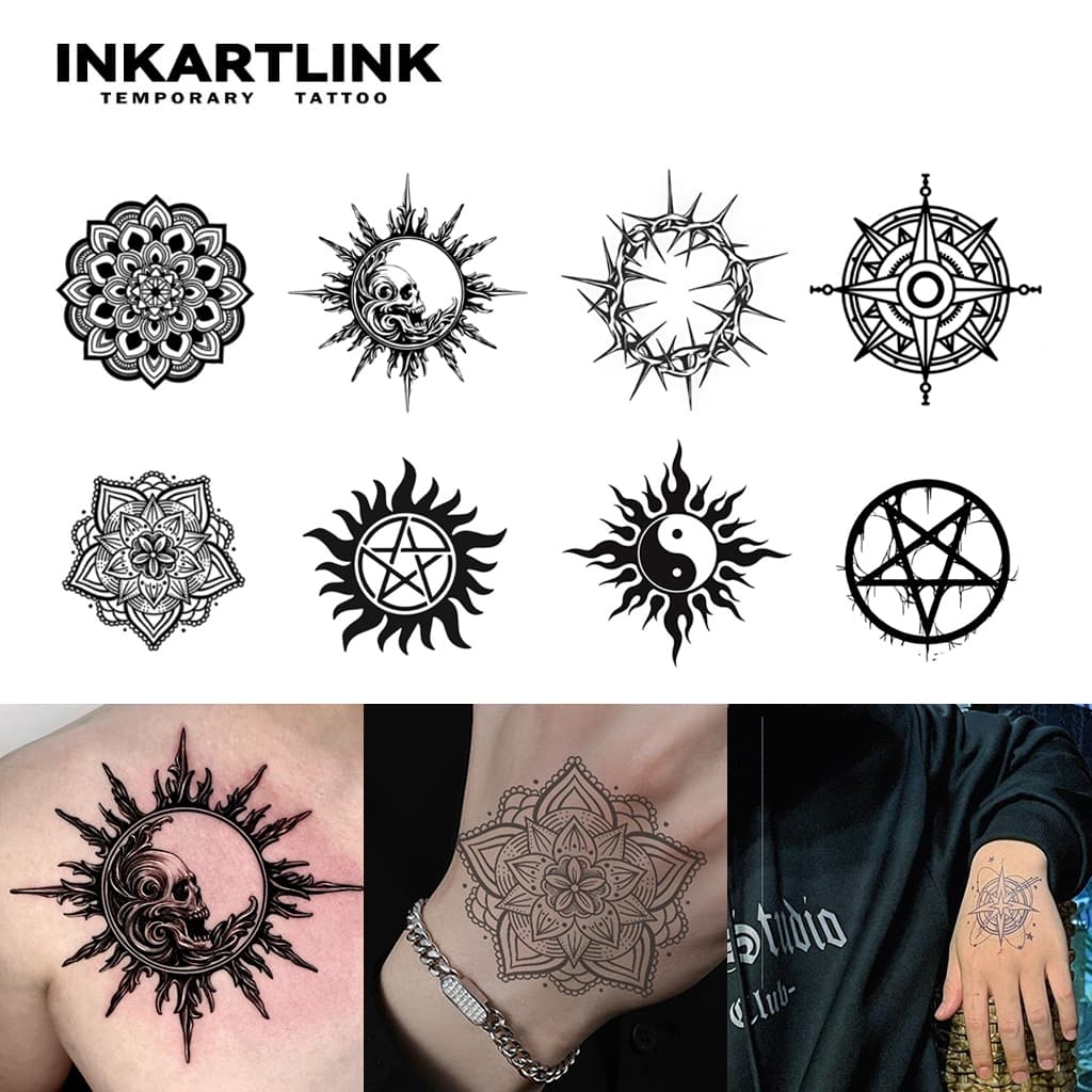 Inkartlink Compass Circular Symbol สติ๊กเกอร์รอยสักชั่วคราว, กันน้ํายาวนานมือ Magic Tattoo, ติดทนนานถึง 15 วันสักปลอม, ชุดสักกึ่งถาวร รูปที่ 1