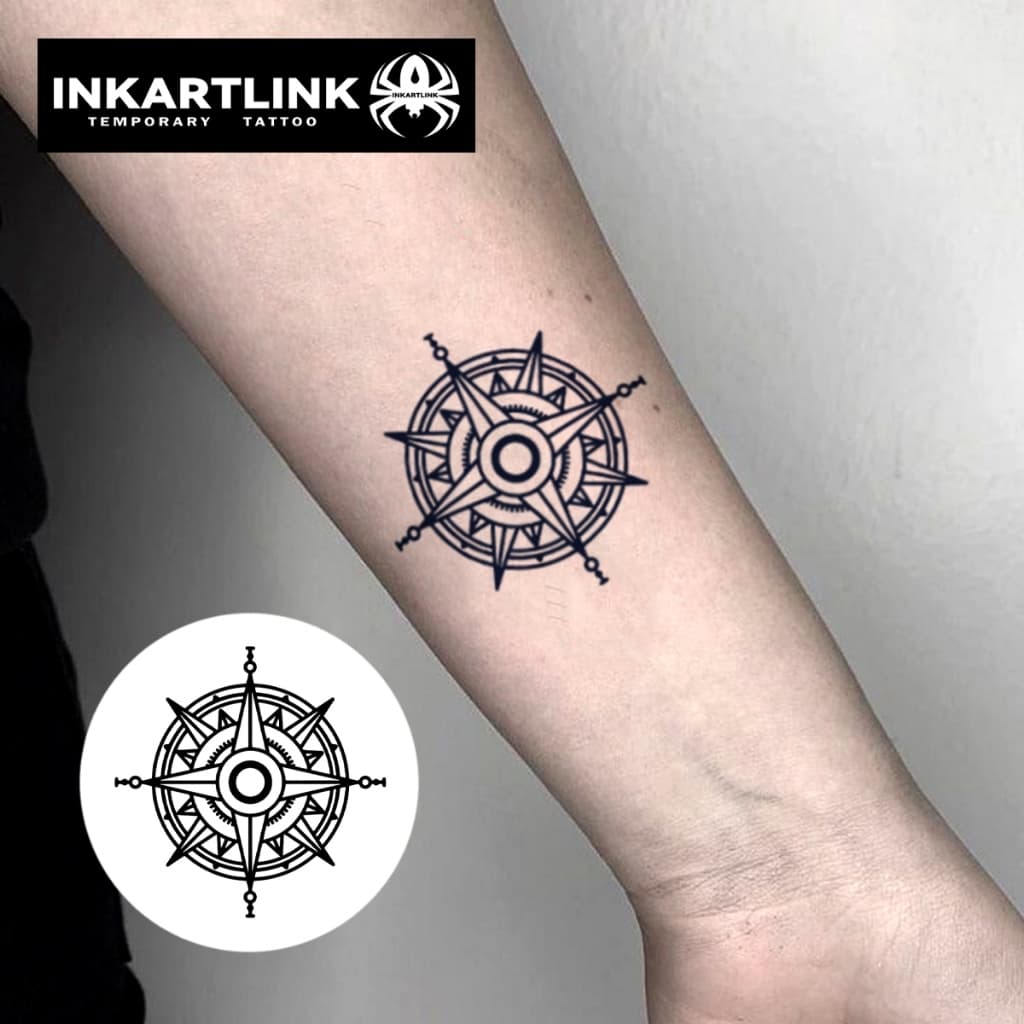 Inkartlink Compass Circular Symbol สติ๊กเกอร์รอยสักชั่วคราว, กันน้ํายาวนานมือ Magic Tattoo, ติดทนนานถึง 15 วันสักปลอม, ชุดสักกึ่งถาวร รูปที่ 2
