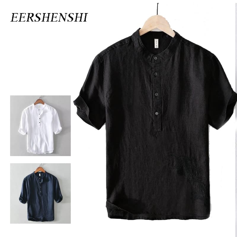 Eershenshi เสื้อเชิ้ต Henley ผ้าลินินสีขาวมีสไตล์สําหรับผู้ชาย - ชุดลําลองแขนสั้นทรงหลวมฤดูร้อน รูปที่ 1