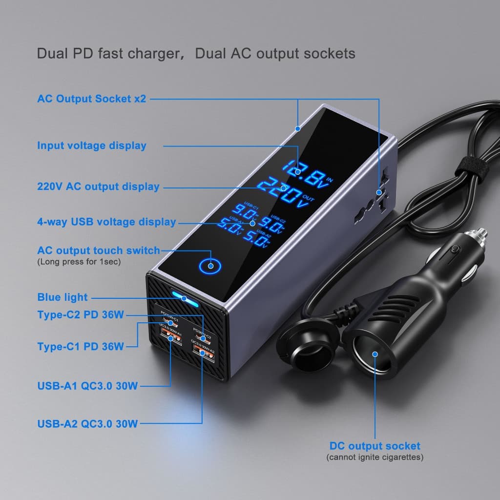 300w รถอินเวอร์เตอร์รถยนต์ DC 12V to AC 220V Converter รถ Charger Power Socket สนับสนุนโทรศัพท์มือถือแท็บเล็ตชาร์จ QC3.0 USB Fast Charging PD Fast Charging รูปที่ 2