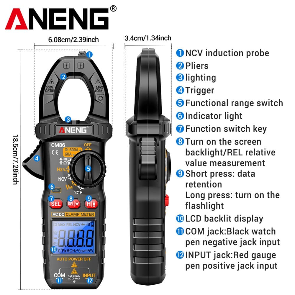 ANENG CM86 600A แคลมป์มิเตอร์ AC/DC มัลติมิเตอร์ สําหรับใช้งานไฟฟ้ามืออาชีพ รูปที่ 2