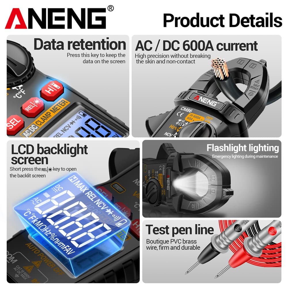 ANENG CM86 600A แคลมป์มิเตอร์ AC/DC มัลติมิเตอร์ สําหรับใช้งานไฟฟ้ามืออาชีพ รูปที่ 9