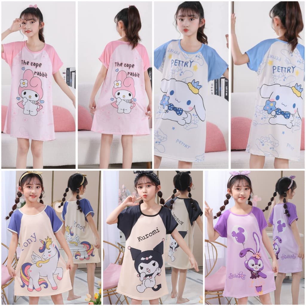 Baju เด ็ กทารกแขนสั ้ นรอบคอสาว Nightdress เด ็ กชุดนอน baju tidur budak perempuan