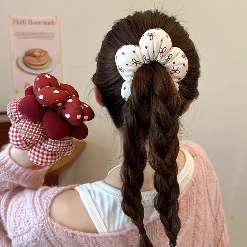 สไตล์ใหม่สีแดงดอกไม้ Scrunchy ผม Tie หญิงฟองน้ํายืดหยุ่นสูงทนทาน Tie Scalp ยาง Band รูปที่ 1