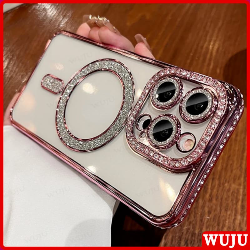Wuju เคสโทรศัพท์มือถือแบบแม่เหล็ก ใส กันกระแทก ประดับเพชร กลิตเตอร์ แฟชั่นหรูหรา สําหรับ iPhone 11 12 13 14 15 16 Pro Max Plus รูปที่ 1